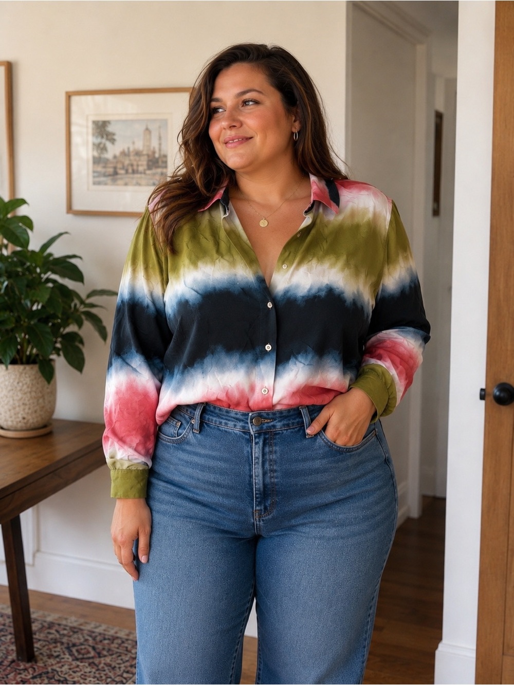 Zara Tie-Dye Button-Up Shirt - Pink, Olive & Blue